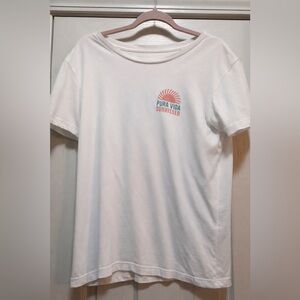 Pura Vida White Crewneck Tee with pink & teal Logo Print